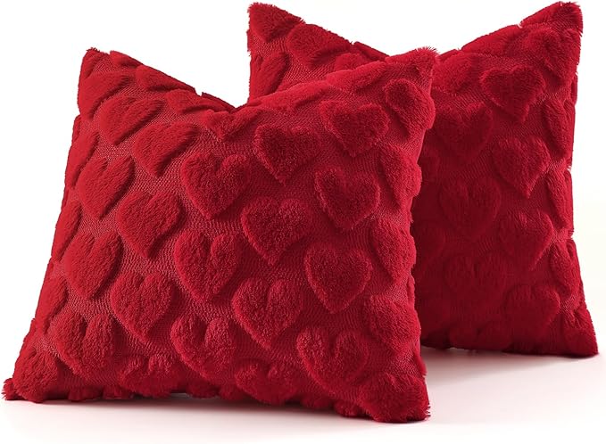 decorUhome Valentine’s Day Soft Plush Throw Pillow Covers 20x20 Inch Set of 2, Faux Fur Red Heart Decoration Neutral Square Pillow Covers for Couch Sofa Bed Cozy Farmhouse Holiday Decor