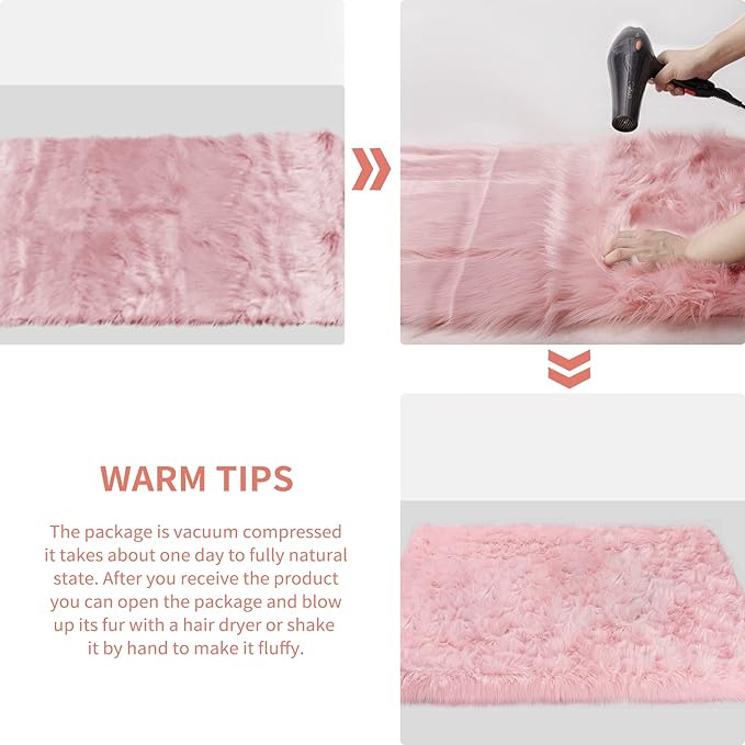 Ciicool Pink Fur Fluffy Rug, 2x4 ft Small Faux Fur Rugs for Bedroom, Washable Faux Sheepskin Carpet for Sofa Couch Seat Cushion, Thick Shaggy Furry Rugs Floor Carpets for Bedside Living Room