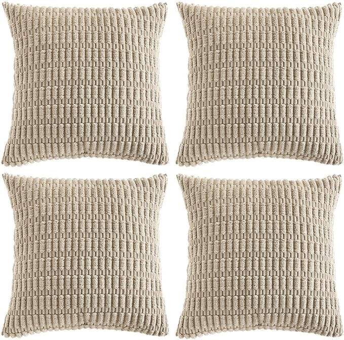 Fancy Homi 4 Packs Taupe Decorative Throw Pillow Covers 18x18 Inch for Living Room Couch Bed, Rustic Modern Farmhouse Boho Home Decor, Soft Plush Corduroy Cute Accent Square Cushion Case 45x45 cm