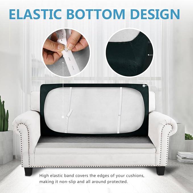 Leather Look Couch Cushion Covers Sofa Seat Slipcovers Sets Couches Furniture Protector for Sectional Armchair Loveseat Pets Kids Stretch Spandex Fabric (1 Cushion Loveseat, Dark Green)