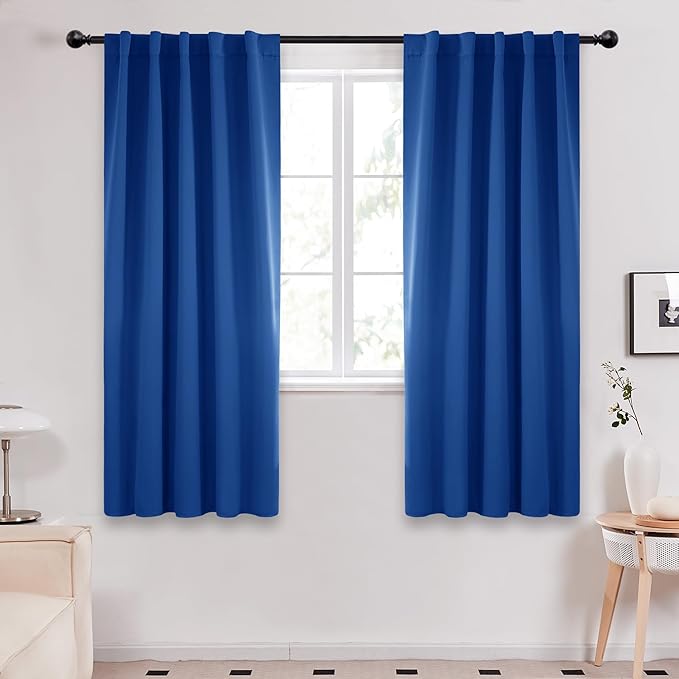 Deconovo Rod Pocket and Back Tab Blackout Curtains for Bedroom Solid Room Darkening Curtains 42Wx63L Inch Royal Blue 2 Panels