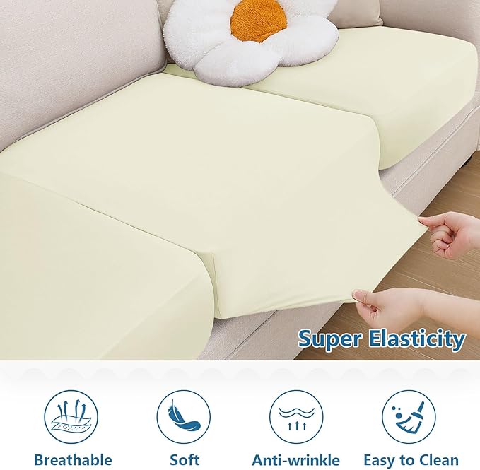 hyha Milk Silk Couch Cushion Covers, Soft Magic Sofa Covers Washable for 3 Cushion Couch, Stretch Sectional Outdoor Cushion Covers for Patio Furniture with Elastic Bottom(Large, Cream)