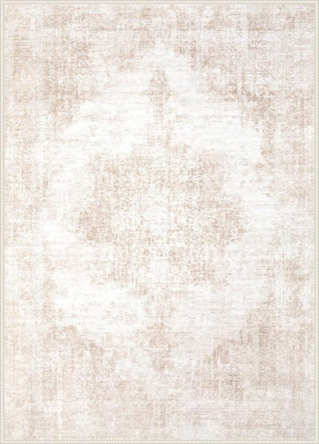 Area Rug 6x9 Vintage Rugs: Washable Living Room Rug Retro Medallion Distressed Large Rug Soft Low Pile Non-Slip Rugs Indoor Floor Carpet for Bedroom Kitchen Nursery Dining Table Office (Beige/Brown)