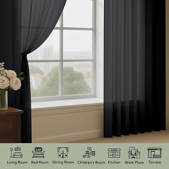 OWENIE Black Sheer Curtains 120 Inches Long 2 Panels Set, Airy Lightweight Sheer Black Curtain for Living Room Bedroom, Farmhouse Voile Filmy Rod Pocket Curtains Drapes, 2 Pcs, Each 59" Wx120 L Inch