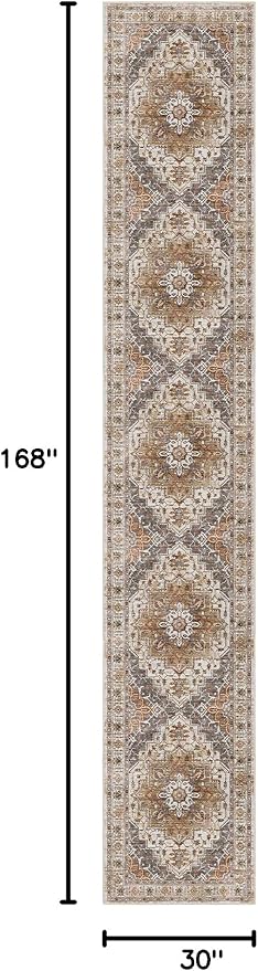 Madane Hallway Runner Rug 2'6''x14', Non Slip Vintage Runners for Hallways Washable Kitchen Rugs Soft Low Pile 2.5x14 ft Rug Runner for Laundry Room, Entryway and Bedroom, Turmeric/Grey
