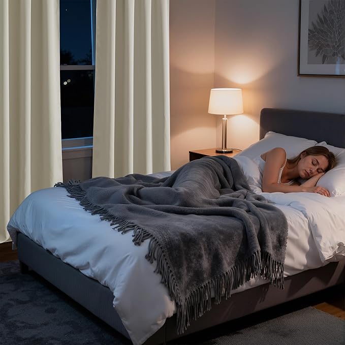 RYB HOME Bedroom Blackout Curtains 63 inches Long, 100% Blackout Thermal Insulated Noise Reducing Curtains for Living Room Nursury, 42 inches Wide by 63 inches Long, Natural