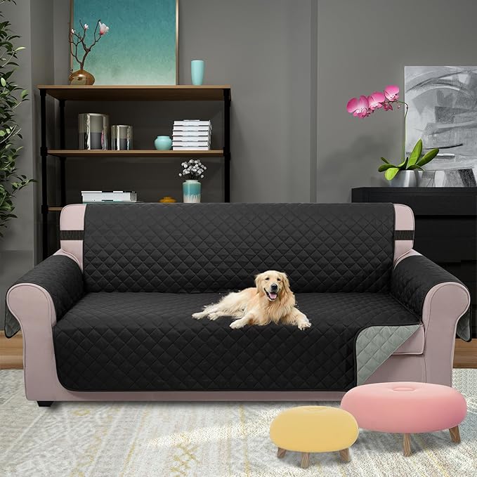 U-NICE HOME Large Sofa Cover Reversible Couch Cover for Dogs with Elastic Straps Water Resistant Furniture Protector for Pets Couch Cover for 4 Cushion Couch (Oversized Sofa, Black/Grey)