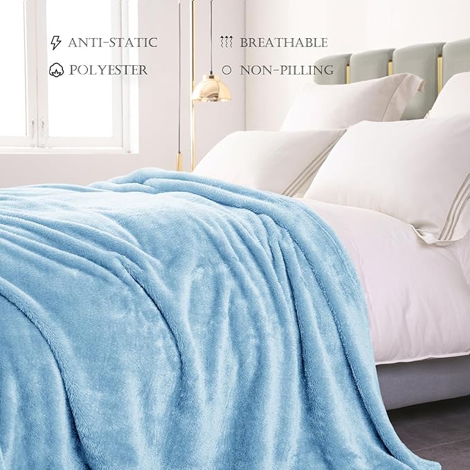 Exclusivo Mezcla Plush Fuzzy Fleece Bed Blanket Queen Size, Super Soft, Fluffy and Warm Blankets for Couch, Bed, All Season (Light Blue, 90x90 Inches)