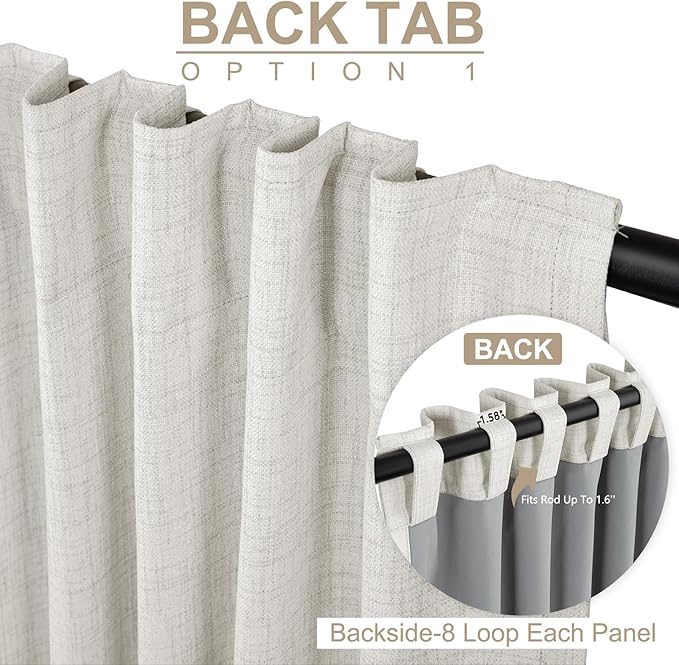100% Blackout Shield Linen Blackout Curtains for Bedroom 96 Inches Long, Back Tab/Rod Pocket Living Room Drapes, Thermal Insulated Blackout Curtains 2 Panels Set, 50" W x 96" L, Beige