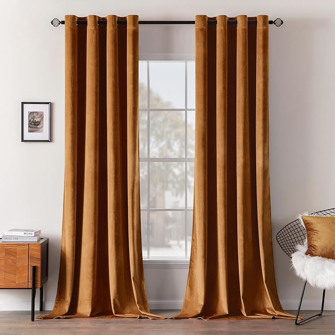 MIULEE Velvet Curtains Gold Brown Elegant Grommet Curtains Thermal Insulated Soundproof Room Darkening Curtains/Drapes for Fall Living Room Bedroom Decor 52 x 84 Inch Set of 2, Pumpkin Brown