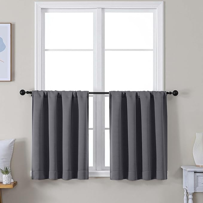 Simplebrand Ava Grey Short 24 Inches Blackout Curtain 2 Panels Set, Half Window Rod Pocket Privacy Curtain Tiers for Kitchen, Curtains Blackout for Bathroom Shades, W30 x L24 Inch, Grey