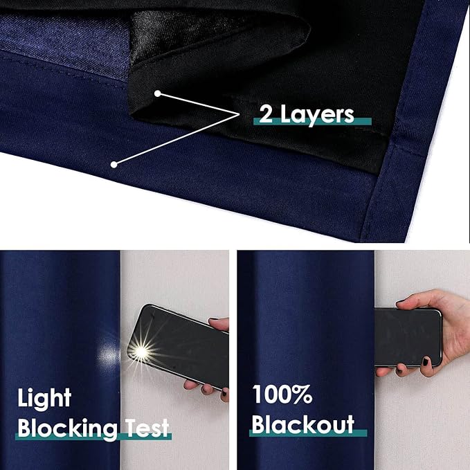 ChrisDowa 100% Blackout Curtains for Bedroom with Black Liner, 2 Thick Layers Total Blackout Thermal Insulated Grommet Window Curtains 2 Panels Set (Navy Blue, 52 x 54 Inch)