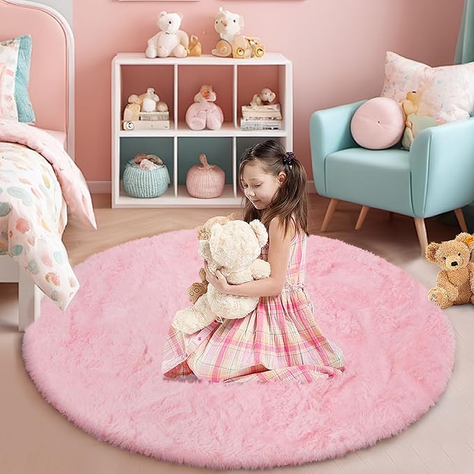 yulidayang Pink Fluffy Round Area Rugs for Bedroom,3ft Shag Circle Area Rugs for Girls Room,Non Slip Fuzzy Plush Rug for Kids Room Living Room and Dorm Home Decor Rug