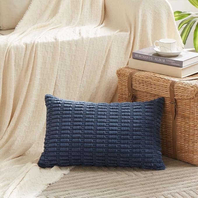 Fancy Homi 4 Packs Dusty Blue Decorative Throw Pillow Covers 12x24 Inch for Living Room Couch Bed Sofa, Rustic Farmhouse Boho Home Decor, Soft Plush Striped Corduroy Square Cushion Case 30x60 cm