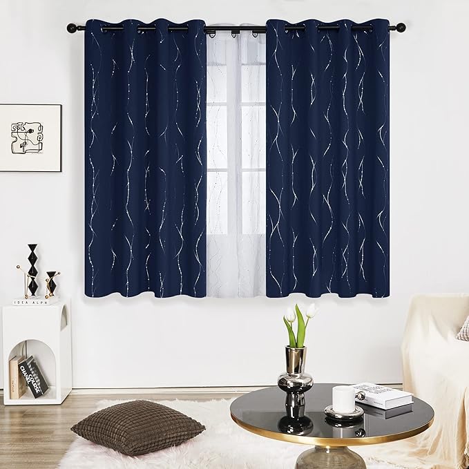 Deconovo Blackout Curtains 63 Inch Length 2 Panels, Navy Blue Curtain, Thermal Insulated Soundproof Privacy Curtain with Silver Wave Dots Print, Machine Washable Window Panel for Bedroom Nursery