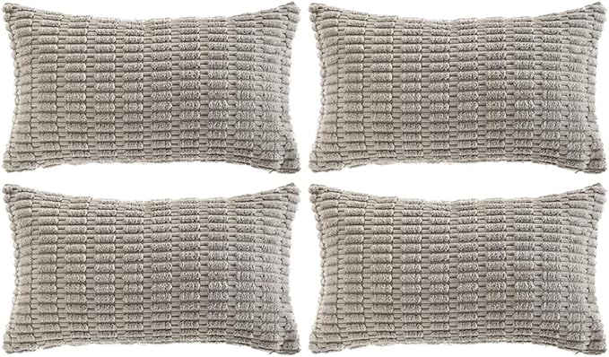 Fancy Homi 4 Packs Grey Decorative Throw Pillow Covers 14x24 Inch for Living Room Couch Bed, Rustic Modern Farmhouse Boho Home Decor, Soft Plush Corduroy Gray Cute Square Accent Cushion Case 35x60 cm