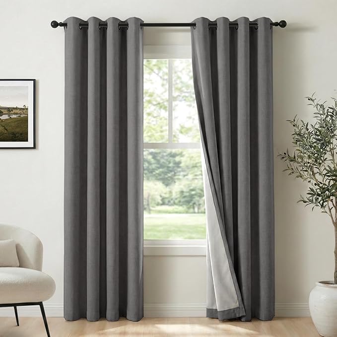 100% Blackout Shield Curtains, Dark Gray, 50''W x 108''L, 2 Panels, Grommet Top, Thermal Insulated, Full Light Blackout Curtains for Bedroom/Living Room