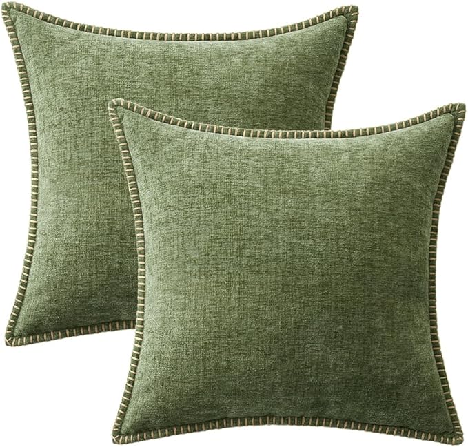 MIULEE Pack of 2 Couch Throw Pillow Covers 18x18 Inch Sage Green Farmhouse Decorative Pillow Covers with Stitched Edge Soft Chenille Solid Dyed Spring Pillow Covers for Sofa Bed Living Room