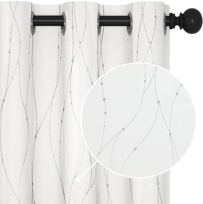Deconovo White Short Curtains, Room Darkening Curtain, Thermal Insulated Soundproof Drapes, Wave Dots Silver Print, 38 x 45 Inch, Grommet Top, Window Panels for Living Room Bedroom Kitchen, Set of 2