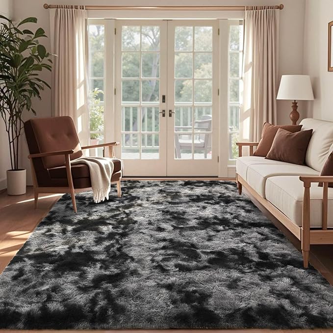 7x10 Ft Extra Large Shag Rugs for Living Room, Tie Dyed Ultra Soft Fluffy Furry Area Rugs for Bedroom Indoor Floor, Aesthetic Carpet for Kids Home Decor (Dark Grey)