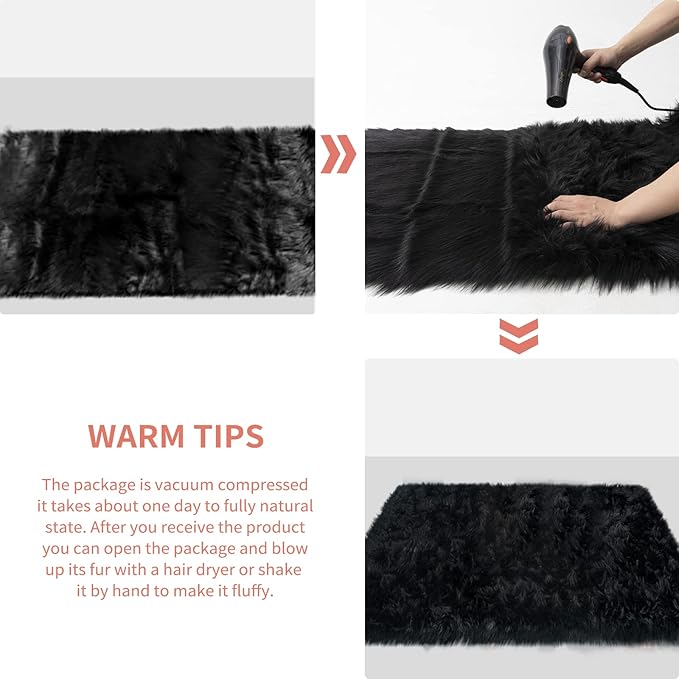 Ciicool Black Fur Fluffy Rug, 2x4 ft Small Faux Fur Rug for Bedroom, Washable Faux Sheepskin Rugs for Sofa Couch Seat Cushion, Thick Shaggy Furry Floor Carpets for Bedside Living Room