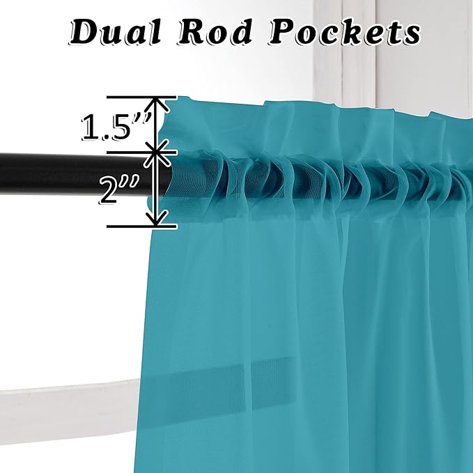OVZME 2 Panels Sheer Window Curtain Panels 96" Length for Bedroom, Top Rod Pocket Design Window Treatment for Living Room, 42W x 96L inches, Turquoise