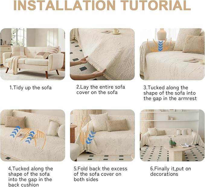 HANDONTIME Washable Couch Covers for Sofa Boho Couch Covers for 3 Cushion Sofa Pet Friendly Beige Chenille Jacquard Couch Protector for Dogs Plant Branch Sectional Cover Sofa Slipcovers, 71" X 134"