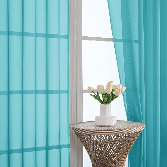 OWENIE Sheer Curtains 63 inch Length 2 Panels Set, Rod Pocket Voile Fimly Sheer Drapes for Living Room/Bedroom, 2pcs, Each 42" W x 63" L，Turquoise Blue