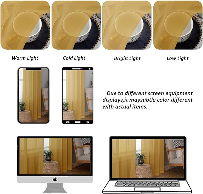 Chyhomenyc Gold Sheer Curtains 36 inch Length 2 Panels Set, Light Filtering Voile Rod Pocket Short Window Curtians for Bathroom Living Room Farmhouse Small Windows, Each 42Wx36L in, 2PCS, Gold
