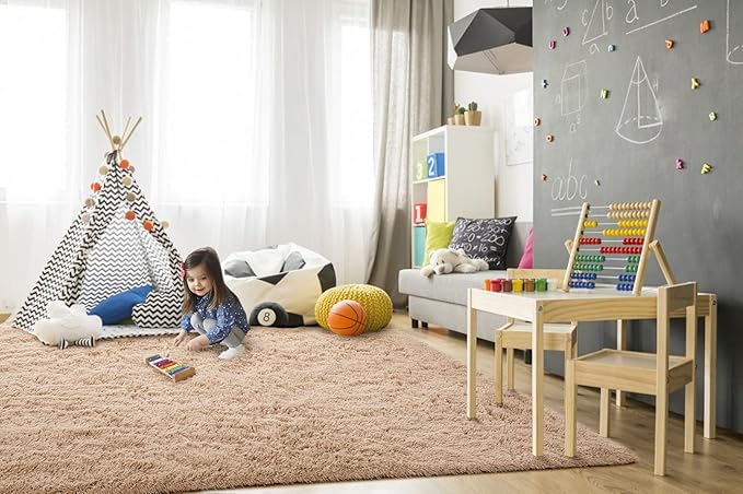 TWINNIS Super Soft Shaggy Rugs Fluffy Carpets 8x10 Feet, Indoor Modern Plush Area Rugs for Living Room Bedroom Kids Room Nursery Home Decor, Upgrade Anti-Skid Rectangular Fuzzy Rug, Light Tan