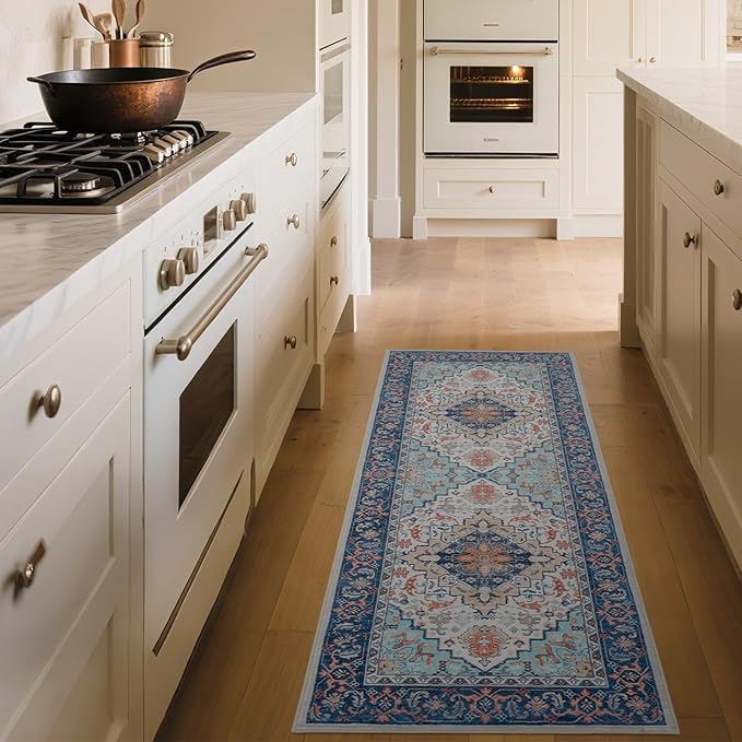 Lofus 2x6 Hallway Washable Runner Rug, Vintage Kitchen Runners Non Slip, Entryway Rugs for Bathroom Bedroom Living Room Laundry Room Floor Mat, Boho Entry Long Carpet, Floral Blue