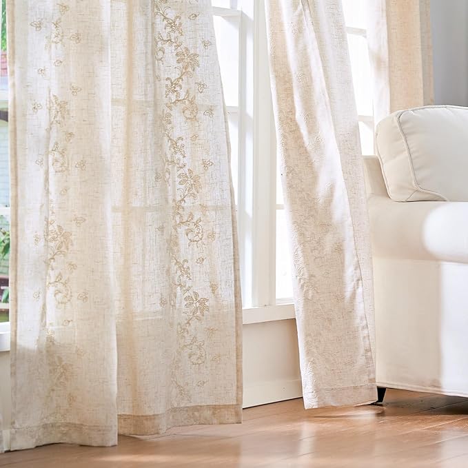 jinchan Evelyn Embroidered Linen Curtains Ivory Farmhouse Floral Window Drapes for Living Room Bedroom Cottagecore Semi Sheer Curtains 84 Inches Long Rod Pocket Back Tab 2 Panels
