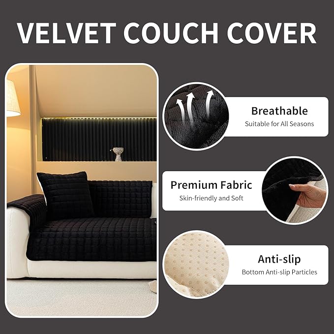Velvet Couch Cover, Plush Sectional Sofa Cover Washable, Anti Slip Sofa Slipcover for Armrest & Backrest, Furniture Protector Covers for Pets & Kids(1PC, Black, 27.6"×27.6", Single Seater)
