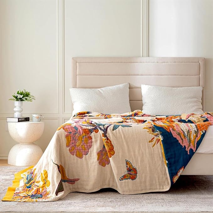 MSGKV Boho Throw Blanket Queen Size 90"x90" Cotton Blanket for Bed Spring Breathable Throw Blanket for Living Room Home Decorative
