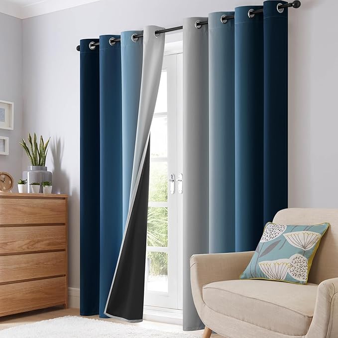 SimpleHome Blue Ombre 100% Blackout Curtains for Bedroom 84 Inches Long, Room Darkening Thermal Insulated Grommet Curtains for Living Room, 2 Panels, 52x84 inches Length