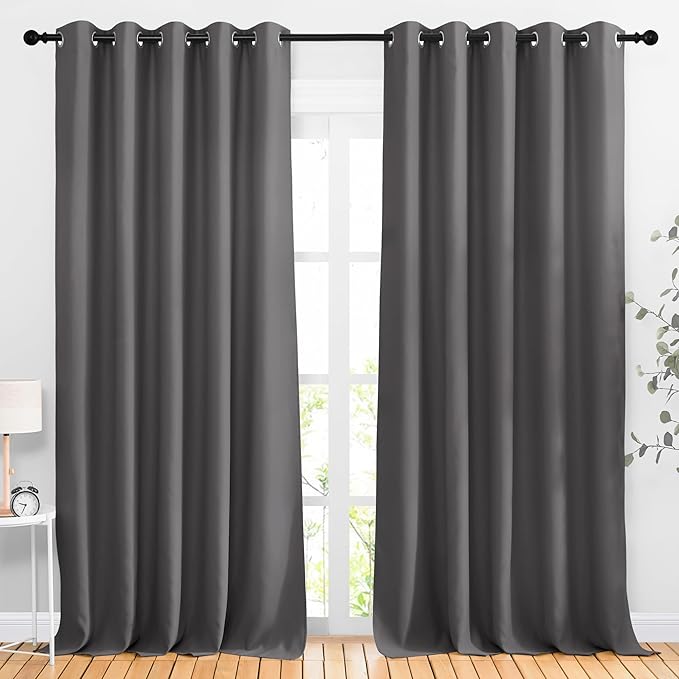 NICETOWN Blackout Curtains Panels for Living Room, 2 Panels, 66 x 92 Inch, Gray, 3 Pass Microfiber Noise Reducing Thermal Insulated Solid Ring Top Blackout Window Drapes