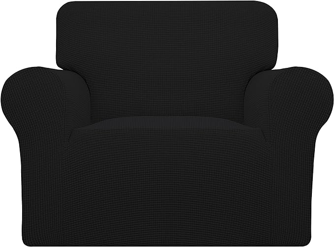 Easy-Going Stretch Chair Sofa Slipcover 1-Piece Couch Sofa Cover Furniture Protector Soft with Elastic Bottom for Kids, Pet. Spandex Jacquard Fabric Small Checks (Chair, Black)