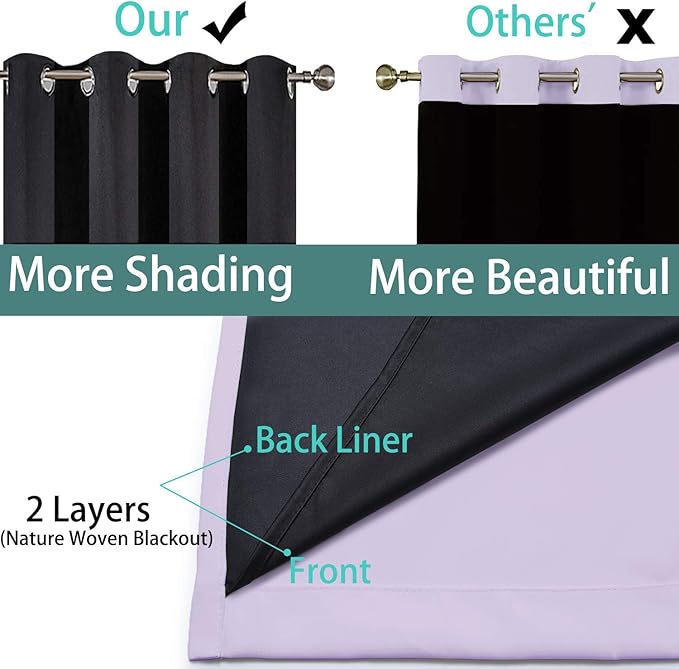 Yakamok 2 Thick Layers 100% Completely Blackout Window Curtains,Thermal Insulated Noise Reducing Drapes for Girl's Bedroom(62Wx96L, Lilac, 2 Panels)