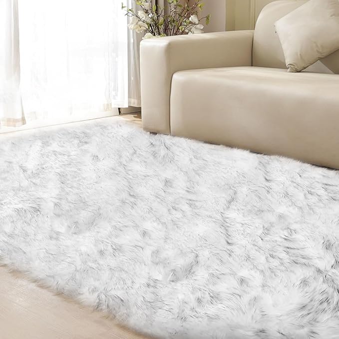 ORINOVA White and Grey Rug 8x10 Area Rugs for Living Room Machine Washable Shag Faux Sheepskin Furry Fur Rug Large Nursery Rectangle