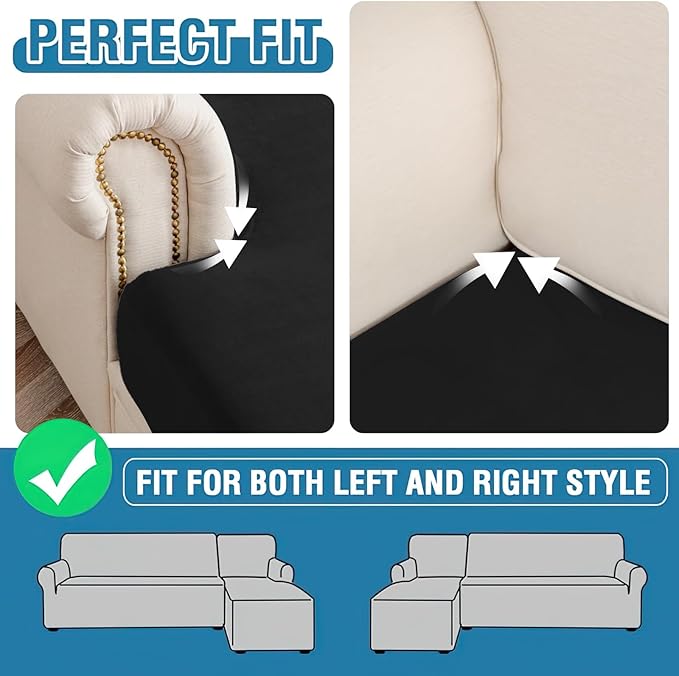 Couch Cover Velvet Chaise Cushion Cover for Sectional Sofas - Elastic L-Shaped Sofa Seat Covers Washable, Slipcover Protector (1-Piece, Black)