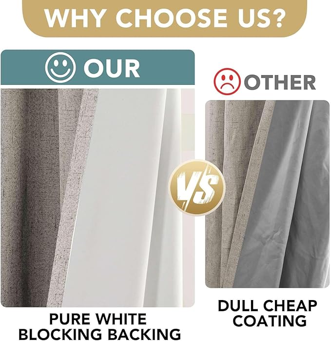H.VERSAILTEX Linen Curtains 100% Blackout Curtains for Bedroom 102 inch Long Full Light Blocking Nature Linen Blended Window Curtains for Living Room Nickel Grommet (2 Panels, Stone)