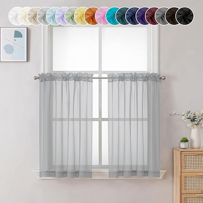 Chyhomenyc Sheer Light Grey Tier Curtains 24 Inch Length, Small Window Curtains Treatment for Bathroom Living Room Basement, Short Rod Pocket Cafe Curtain, 42W x 24L Inches, 2 Panels