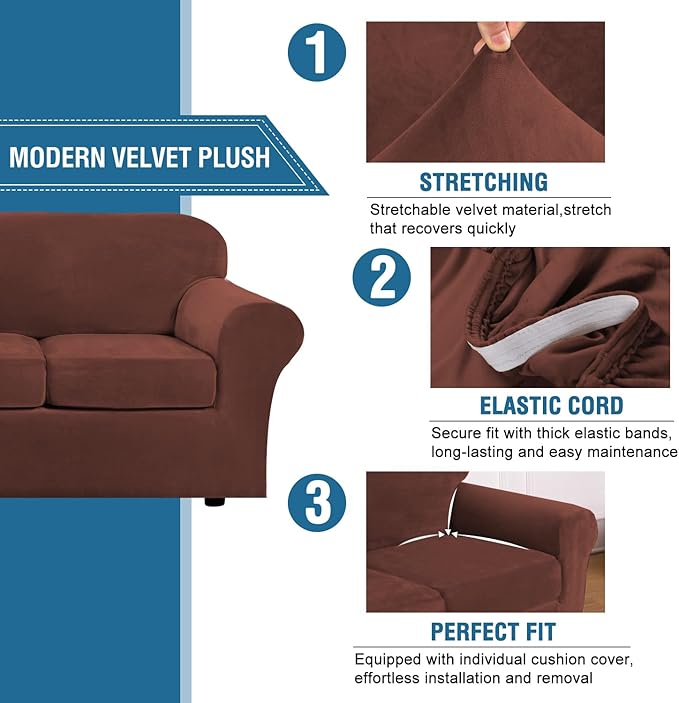 H.VERSAILTEX Modern Velvet Plush 4 Piece High Stretch Sofa Slipcover Furniture Protector Form Fit Velvet Extra Large Sofa Cover for 3 Cushion Couch Width Up to 105 Inch (XL Sofa, Burnt Brick)