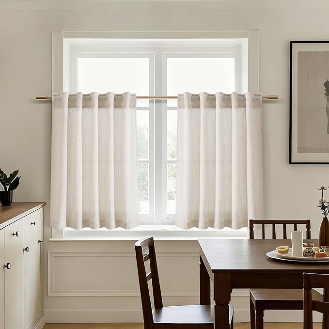 Nanspring Beige Farmhouse Curtains 30 Inch Length for Kitchen Linen Blend Semi Sheer Curtains Back Tab and Rod Pocket Rustic Farmhouse Decor for Cafe Small Window Curtain 36 x 30 Inch, 2 Panels