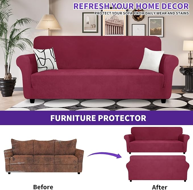 ZNSAYOTX Oversized Super Stretch Couch Cover (92"-115"), New Universal Sofa Covers Comfortable & Durable, Dog Cat Pets Friendly Extra Large Spandex Sofa Slipcovers (Wine Red, XL Sofa)