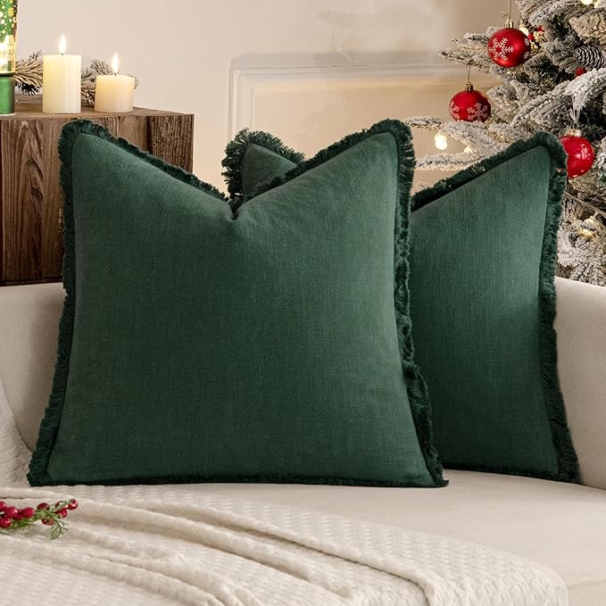 MIULEE Decorative Throw Pillow Covers Neutral Linen Fringe Throw Pillows Euro Shams Set of 2 Army Green Boho Farmhouse Cushion Covers for Couch Sofa Bed Living Room Home Decor 24x24 Inch