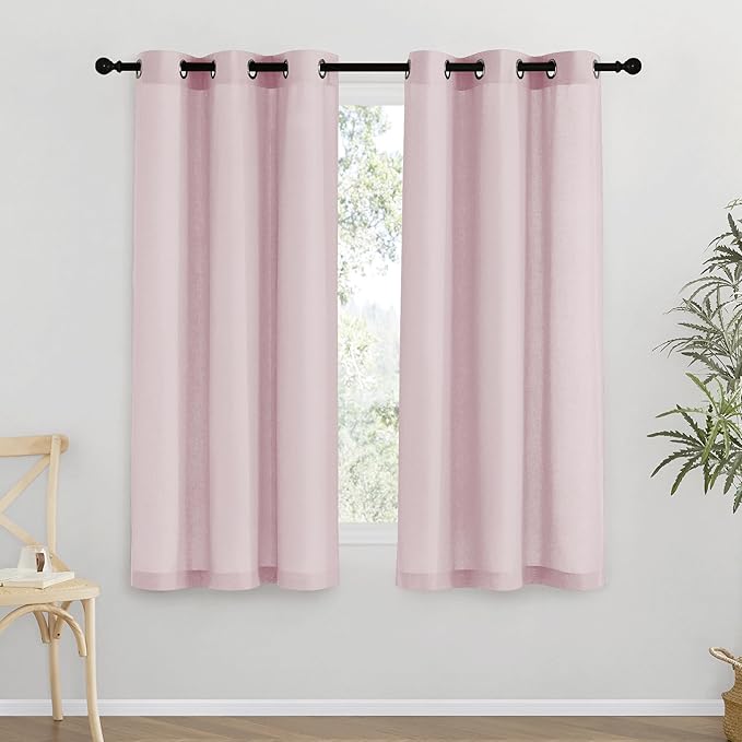 NICETOWN Blush Pink Short Linen Curtains for Kitchen, Thick Flax Small Window Treatments Semi Sheer Privacy Assured with Light Through for Cafe/Bathroom, W42 x L63, 2 Panels