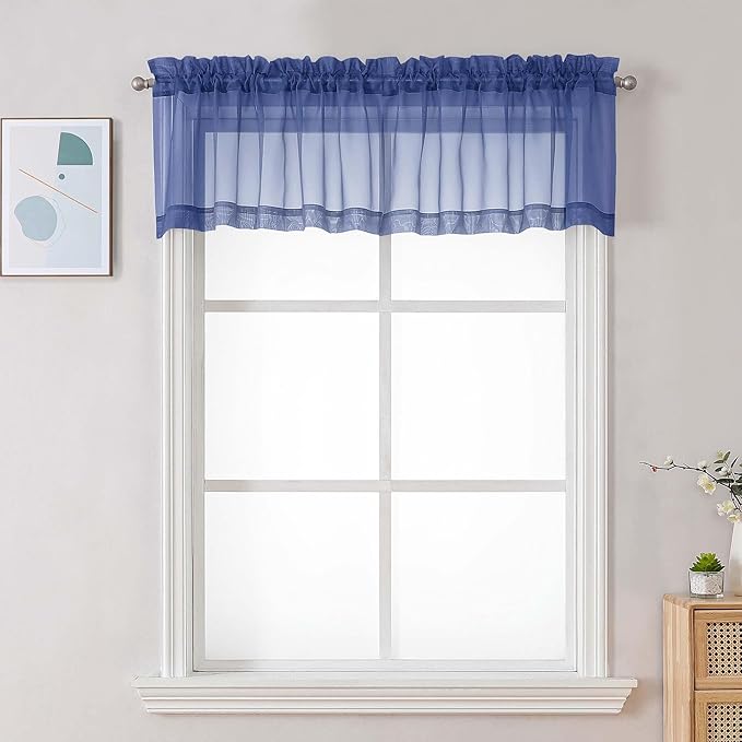 Chyhomenyc Royal Blue Sheer Valances for Windows - Light Filtering Small Kitchen Curtains, Rod Pocket Short Top Window Treatment Decor for Living Room Bathroom Basement, 42Wx16L inches, 2 Panels