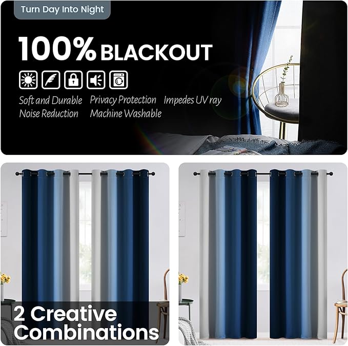 SimpleHome Blue Ombre 100% Blackout Curtains for Bedroom 90 Inches Long, Room Darkening Thermal Insulated Grommet Curtains for Living Room, 2 Panels, 52x90 inches Length