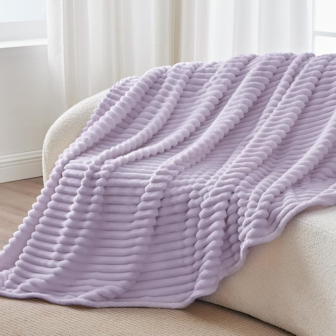 BEDELITE Fleece Throw Blanket for Couch - 300GSM Soft & Warm Fluffy Lavender Fog Blanket, Decorative and Giftable Striped Blankets for Women, Men, 50"x60"